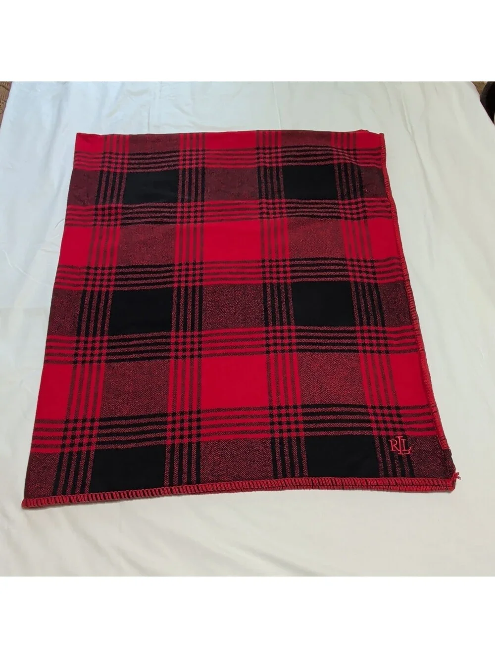 Lauren Ralph Lauren Red Black Plaid Cotton Throw Blanket RL Logo 55x65